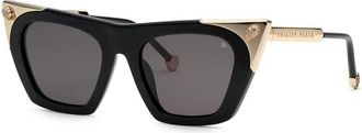 Philipp Plein Philipp Plein Sunglasses Cat Eye Full Rim, Shiny Black/gold Frame And Smoke Lens Spp134S0700