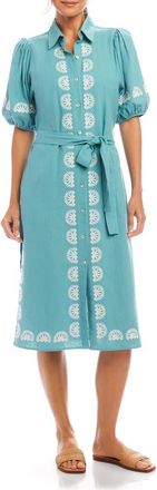 Karen Kane Embroidered Linen Blend Shirtdress in Aqua at Nordstrom, Size X-Large