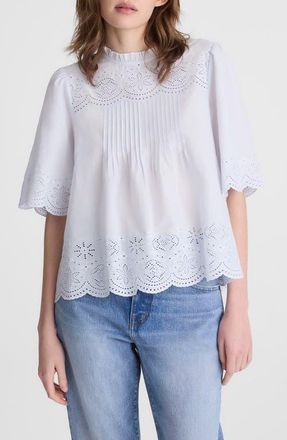 Madewell Embroidered Pintuck High Neck Cotton Voile Top in Soft Blue at Nordstrom, Size Xx-Small