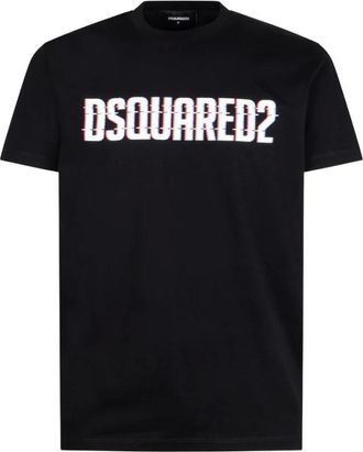 Dsquared2 Tops, Heren, Zwart, S, Katoen, T-shirt met ronde hals en lettering print met glitch-effect