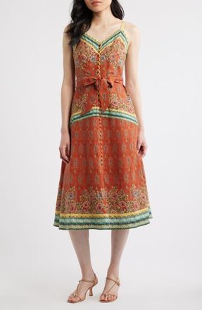 Elie Tahari The Brooks Mixed Print Linen Blend Midi Dress in Spice Route Print at Nordstrom, Size 12