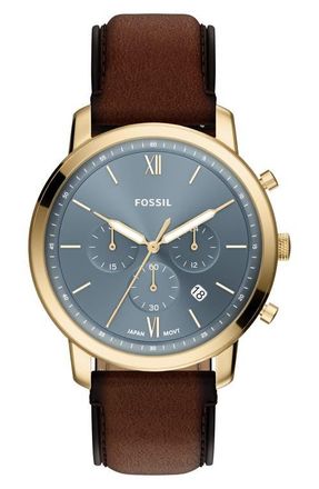 Fossil Neutra Blue Chronograph Leather Strap Watch, 44mm in Brown at Nordstrom