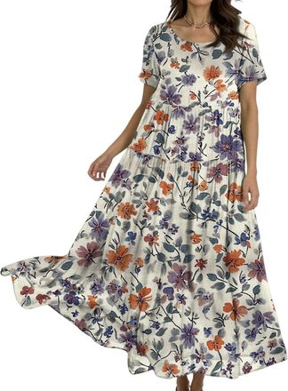 Generic Beach Dresses for Women UK, Womens Summer Maxi Boho Beach Dress Floral Print Sundress Crew Neck Short Sleeve High Waist Flowy Tiered Long Dresses Gift