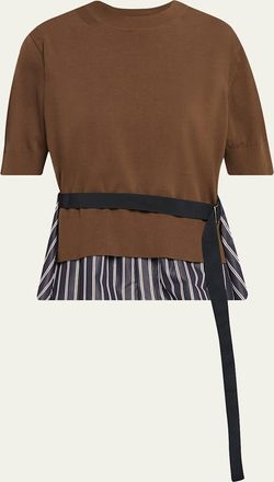sacai Mixed-Media Poplin Knit Belted Top