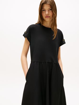 Tommy Hilfiger A-Linien-Kleid TOMMY HILFIGER MODERN CODY MIDI MIX F&F DRS, Damen, Gr. XXL (44), N-Gr, schwarz, Web, Obermaterial: 97% Baumwolle, 3% Elasthan, unifarb