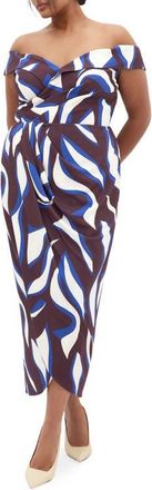 City Chic Clair Print Off the Shoulder Midi Dress in Cocoa Swirl at Nordstrom, Size Xxl