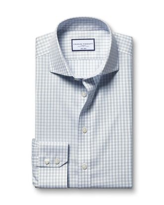CHARLES TYRWHITT Non-Iron Twill Checkered Cotton Formal Shirt - Silver Grey Single Cuff Size 14.5/33 by Charles Tyrwhitt