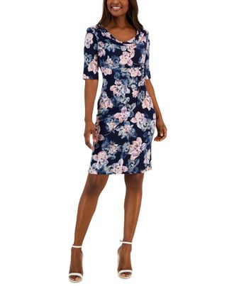 Connected Floral Print Elbow Sleeve Sheath Dress