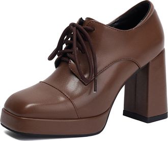 Generic Womens Chunky High Heel Platform Pumps Square Toe PU Leather Retro Dress Shoes Lace Up Heeled Brogues,Brown,2.5 UK