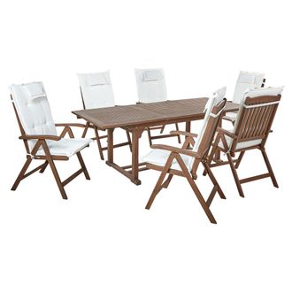 Beliani Conjunto De Jard&iacute;n R&uacute;stico 6 Plazas Mesa Extensible Sillas Reclinables Madera Acacia Oscura Con Cojines Blanco Crema Amantea