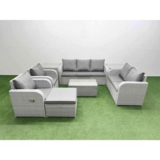 Fimous Pe Rattan Garden Furniture Set Adjustable Chair Sofa Double Love Seat 2 Seater Sofa Lounge Set Oblong Coffee Table Big Footstool Light Grey - Fimous