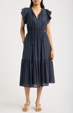 Julia Jordan Stripe Tiered Midi Dress in Navy at Nordstrom, Size 14