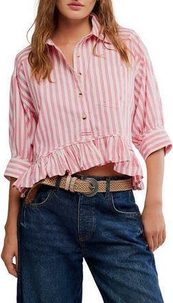 Free People Bailey Stripe Ruffle Hem Cotton Button-Up Shirt in Coral Combo at Nordstrom Rack, Size X-Large