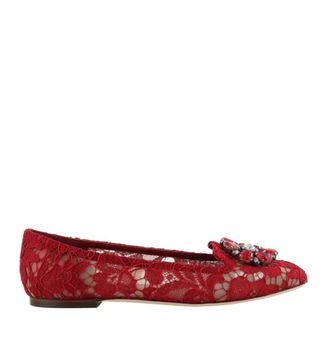 Dolce & Gabbana Red Lace Crystal Embellished Ballet Flats Size 37