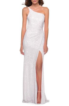 La Femme Sequin Gown with One Shoulder Top and Open Back in White at Nordstrom, Size 0