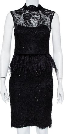 Alice & Olivia Alice + Olivia Black Embellished Lace & Feather Trim Patricia Peplum Dress