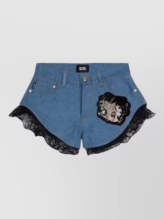 GCDS betty boop stonewashed denim lace shorts