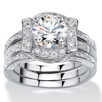 Palm Beach Jewelry 2.29 TCW. Cubic Zirconia Platinum-Plated Jacket Bridal Ring Set