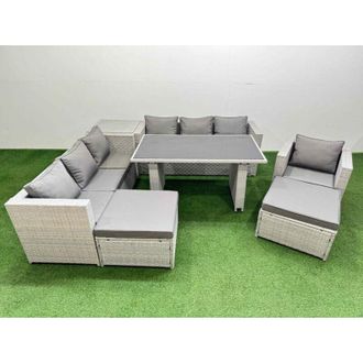 Fimous Fimous Patio Garden Furniture Sets with Black Glass Top Dining Table 3 Seater Sofa Armchair Side Table 2 Big Stool Light Grey