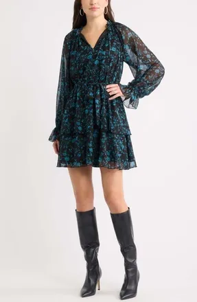 Chelsea28 Floral Chiffon Tiered Minidress in Black- Blue Floral at Nordstrom, Size Xx-Small