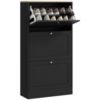 HOMCOM Narrow Shoe Cabinet with 3 Flip Drawers for 18 Pairs of Shoes Black | TJ Hughes