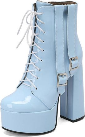 Generic Womens Lace Up Platform Ankle Boots Platform Chunky Heel Trendy Booties with Side Buckles,Blue,1.5 UK