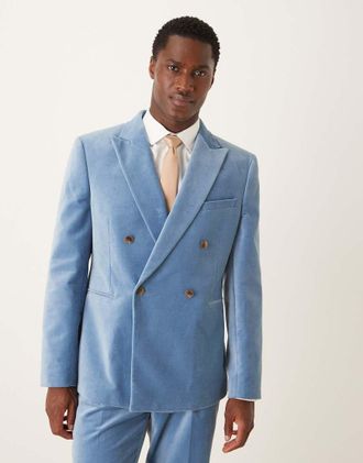 Asos Giacca da abito doppiopetto slim fit azzurra in velluto di cotone-Blu