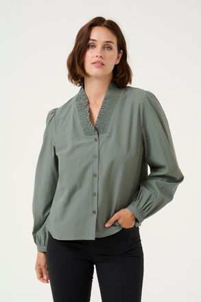 Kaffe KAmaia V-neck Pleats Long Sleeve Shirt in Balsam Green at Nordstrom, Size 12