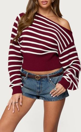 Edikted Mika Stripe Oversize Off the Shoulder Sweater in Burgundy at Nordstrom, Size X-Large