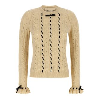 Valentino Garavani Round-neck Knitwear, female, Beige, M, Braided Wool Jumper
