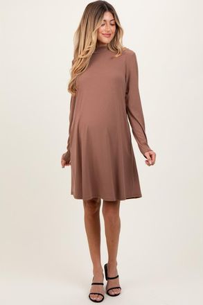 Pinkblush Ribbed Mock Neck Long Sleeve Basic Dress in Mocha at Nordstrom, Size Medium