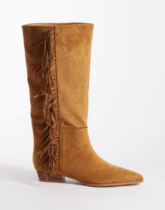 Asos Cressida - Stivali al ginocchio bassi color cuoio con frange-Marrone