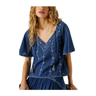 Pepe Jeans London Blouses, female, Blue, Size: XS Geometric Embroidered Blouse