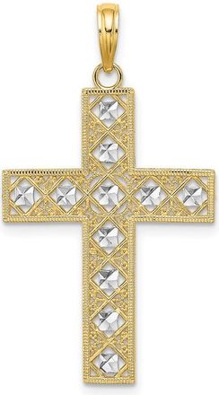 Diamond2Deal 14k Yellow Gold and White Rhodium Diamond-cut and Cut-Out Cross Charm Pendant