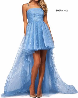 Sherri Hill Star High-Low Dress Gown In Light Blue/silver Glitter