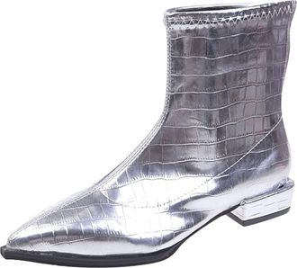 Generic Autumn Winter Fashion Women Ankle Boots Low Heeled Pointed Toe Leather Textured Side Zipper Comfortable Footwear (Silver, 5.5)