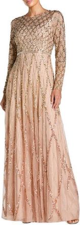 Mac Duggal Ombre Mesh Sequin Long Sleeve A Line Gown in Mocha Ombre at Nordstrom, Size 10
