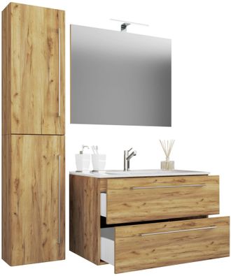 VCM Vcm - 4 Unids Lavabo Lavabo Gabinete Inferior Ancho 80 Cm Muebles De Ba&ntilde;o Conjunto Con Cajones Puertas Giratorias Espejo Badinos (roble Miel)