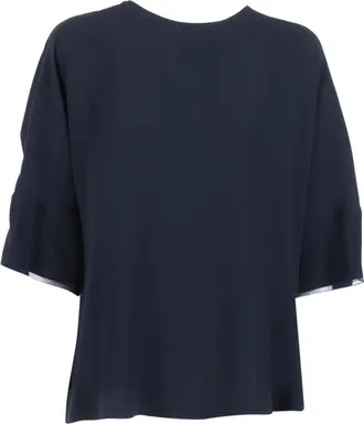 Fabiana Filippi Top Manica Corta in Enver satijn, Dettaglio Tulle E Filo Diama Color Blu Notte