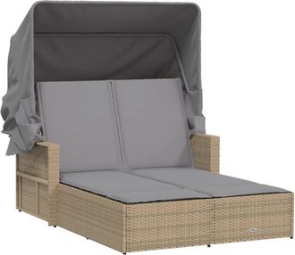 vidaXL Tumbona Doble Con Capota Y Cojines Rat&aacute;n Sint&eacute;tico Beige Mix Vidaxl