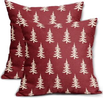 OEM Fundas De Almohada Navide&ntilde;as De 45 X 45 Cm, Juego De 2 Piezas, Estampado Invernal Campestre Con &Aacute;rbol De Navidad En Rojo Intenso: Fundas Decorativas P