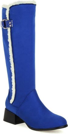 Generic Womens Plush Lined Winter Knee High Snow Boots with Buckle Strap Side Zipper Casual Retro Shoes (Blue,5.5)