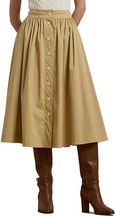 Lauren Ralph Lauren Button-Front Cotton-Blend Skirt Womens Skirt Sand Dune : 10, Cotton/Elastane/Nylon