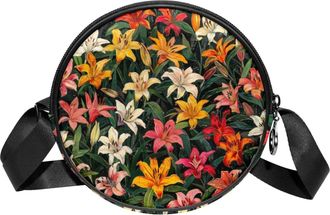 Generic Circle Crossbody Bag for Women, Lily flower Small Sling Bag Daypack with Zipper Adjustable Shoulder Straps Casual Ladies Girls Round Purse