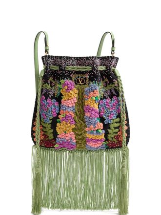 Valentino Garavani fringed embroidered drawstring bag - women - Cotton/Calf Suede/Satin - OS - Black