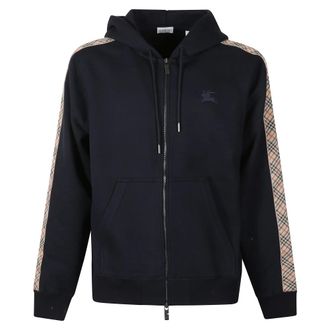 Burberry Zip-throughs, male, Blue, Size: L Check Trim Cotton Zip Hoodie