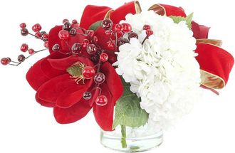 Creative Displays Inc. Handcrafted Holiday Magnolia Arrangement With Hydrangeas, Berries & Bows
