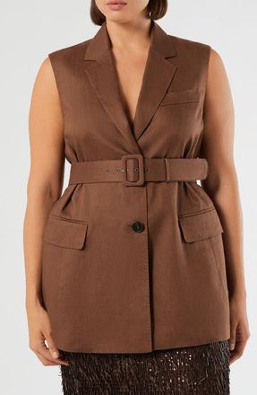 Marina Rinaldi Orli Belted Linen Vest in Cocoa at Nordstrom, Size 22W
