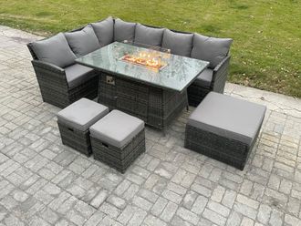 Fimous Rattan Garden Furniture High Back Corner Sofa Gas Fire Pit Dining Table Sets Gas Heater with 3 Footstools 9 Seater in Dark Grey