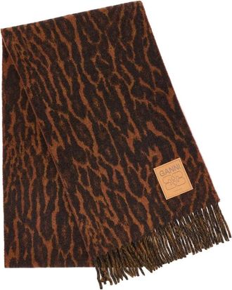 Ganni Compact Wool Scarf Leopard